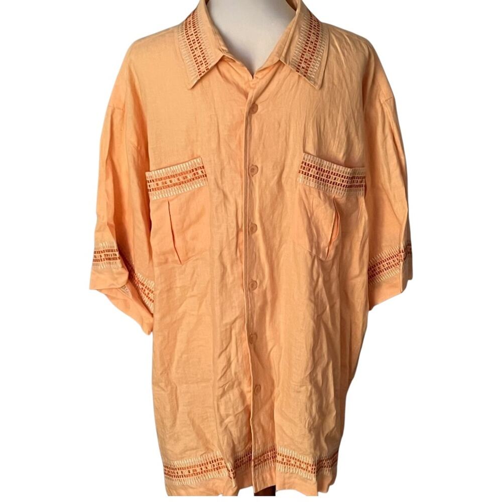 Vintage 2XL Mens Shirt Linen Button Retro Cuban embroidered Vacation Boho Resort